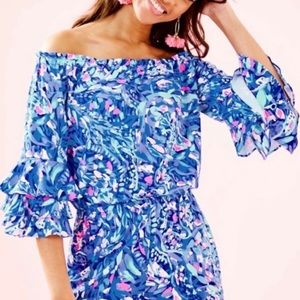 Lilly Pulitzer Blue Pink Off-Shoulder Floral Jumpsuit